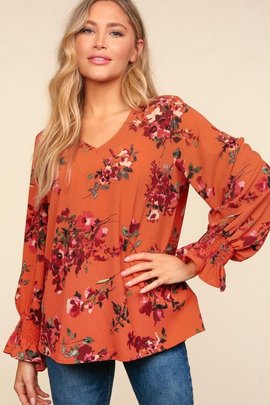 Copper Floral Long Sleeve Blouse