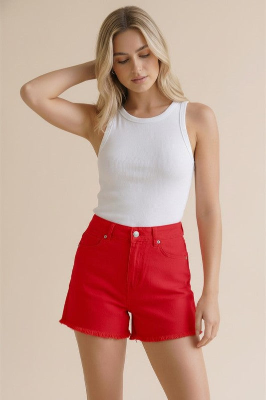 Red High Rise Frayed Hem Denim Shorts