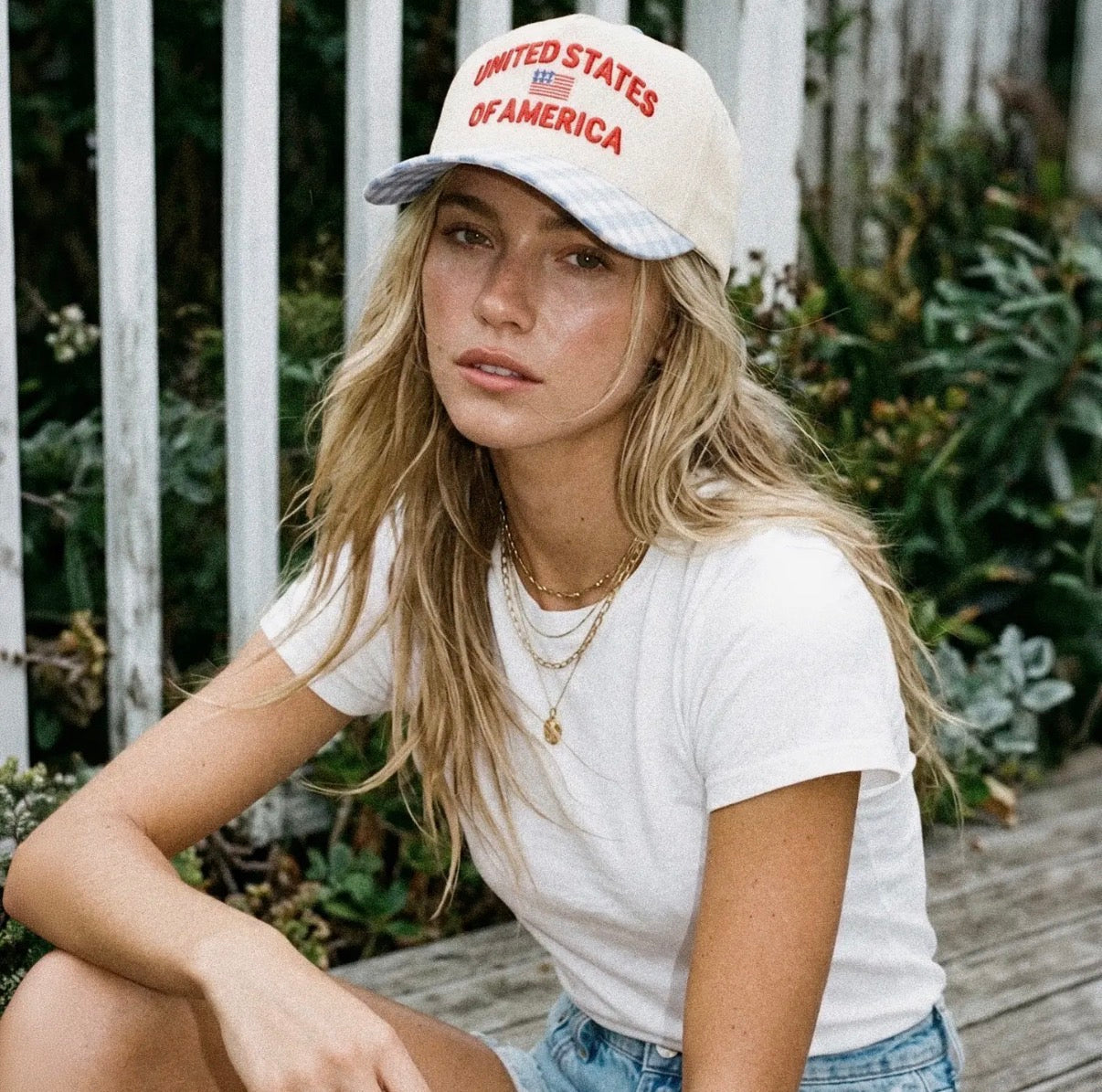 USA Flag Blue Gingham Embroidered Trucker Hat