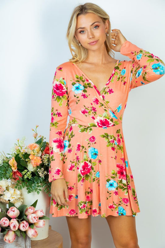 Coral Floral Long Sleeve Dress