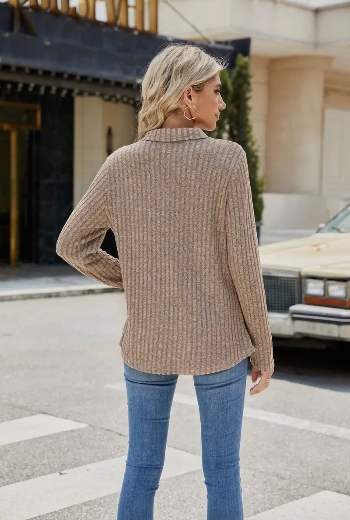 Mocha Lapel Long Sleeve Top