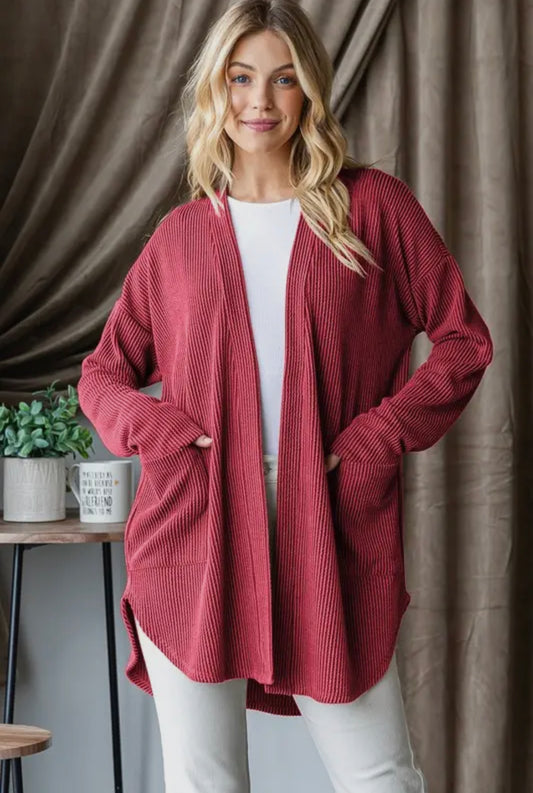 Cranberry Ribbed Open Cardigan