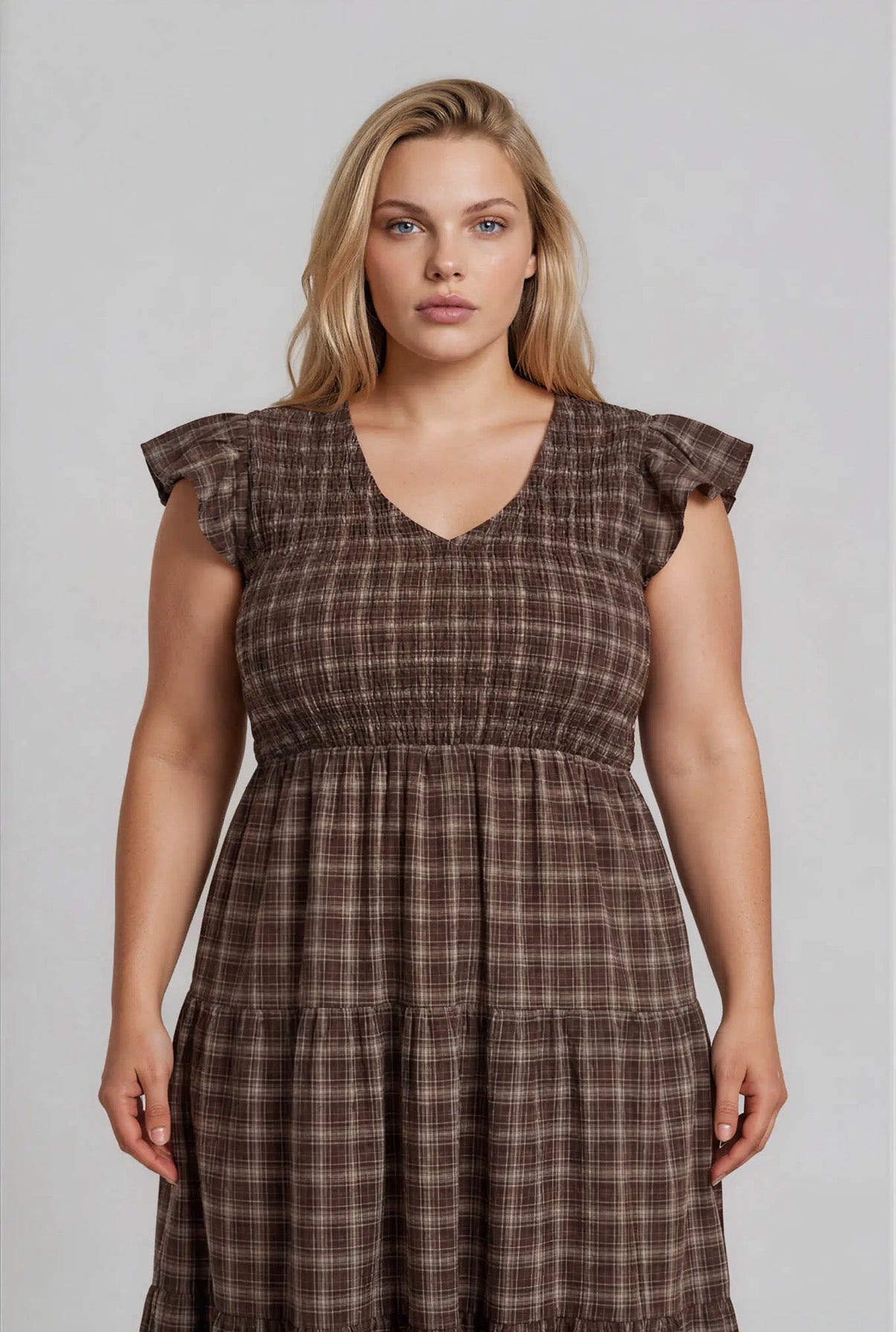 Brown Plaid Smocked Flutter Sleeve Dress