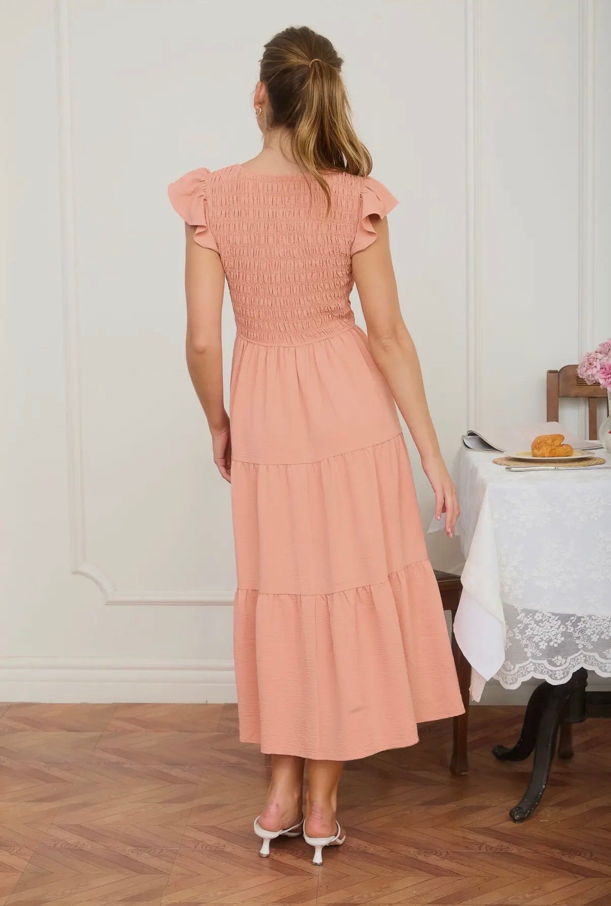 Peach Smocked Flutter Sleeve Midi Dress – Osage Chic Boutique