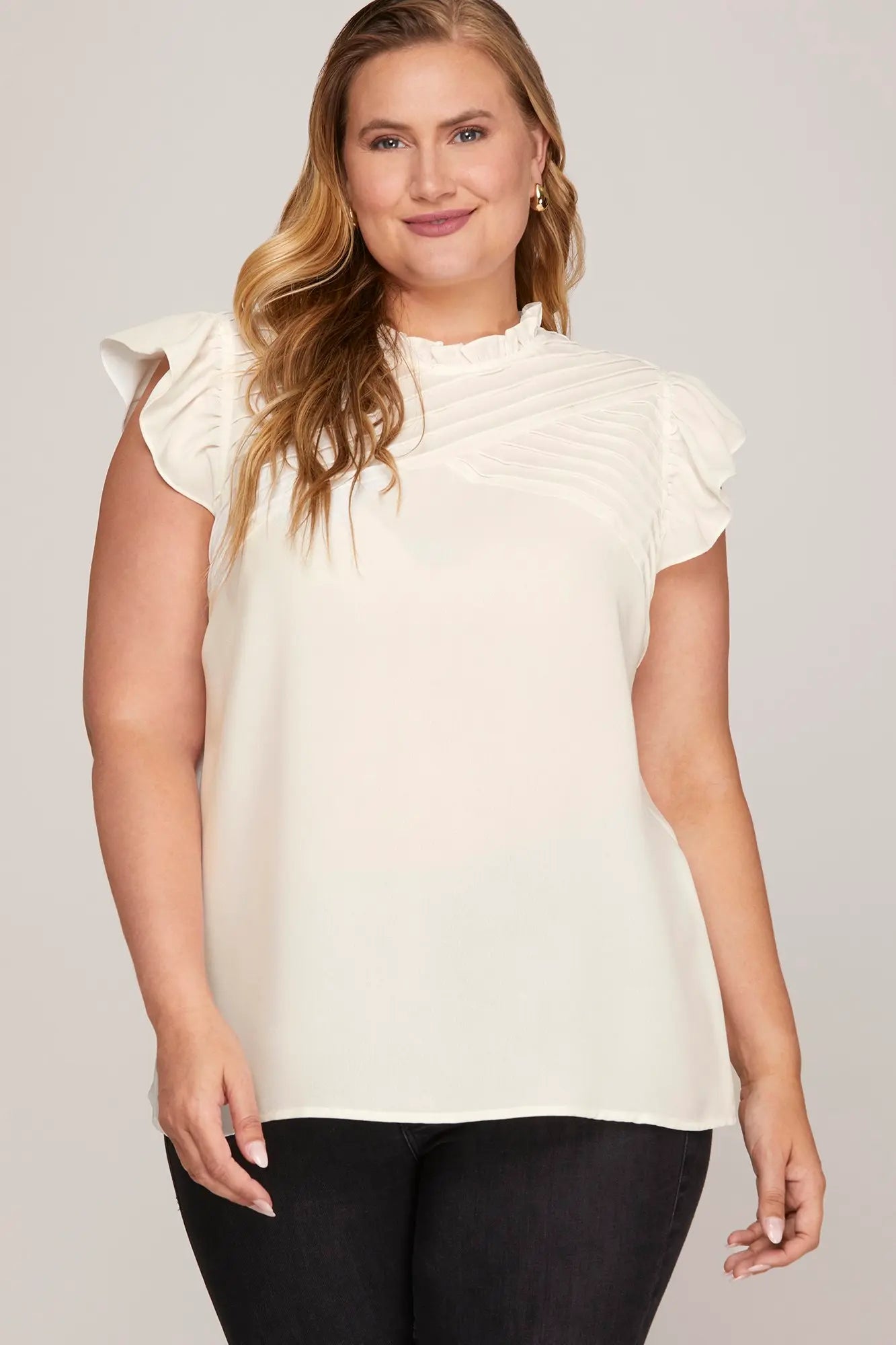 Ivory Ruffle Detail Pintuck Top