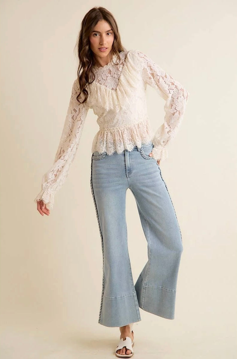 Cream Lace Ruffled Open Back Top