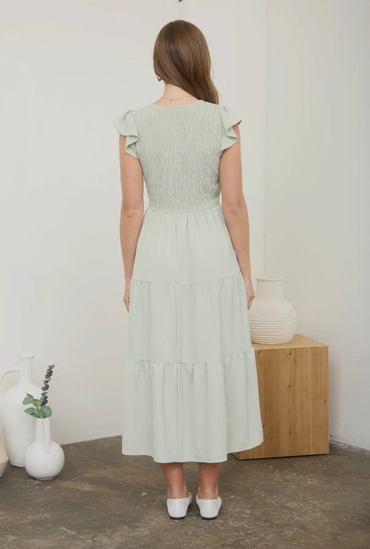 Sage Smocked Flutter Sleeve Midi Dress