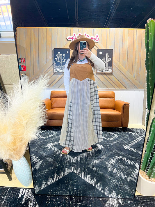 Corduroy Patchwork Plaid Overall Dress