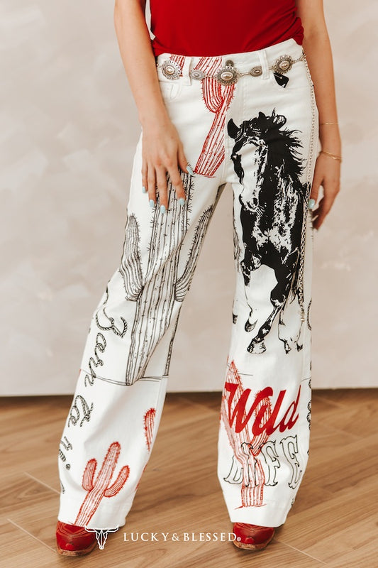 Ivory Wild & Western High Rise Wide Leg Jeans