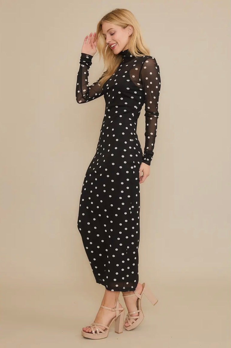 Black Polka Dot Mesh Long Sleeve Dress