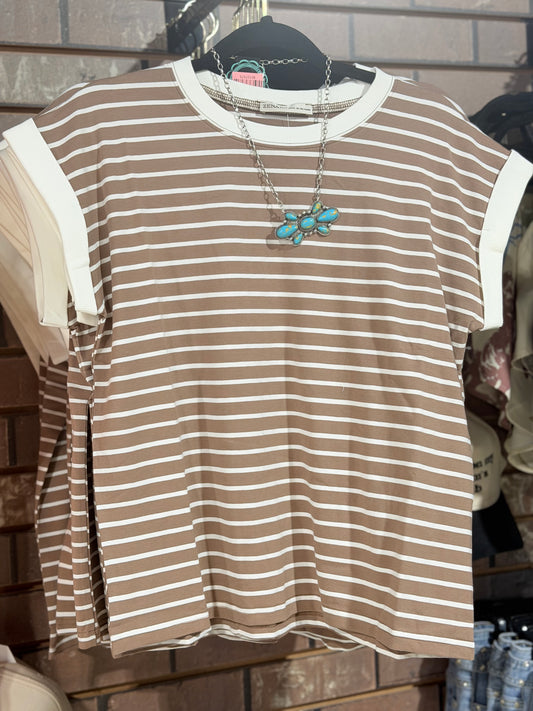 Mocha + White Stripe Short Sleeve Top