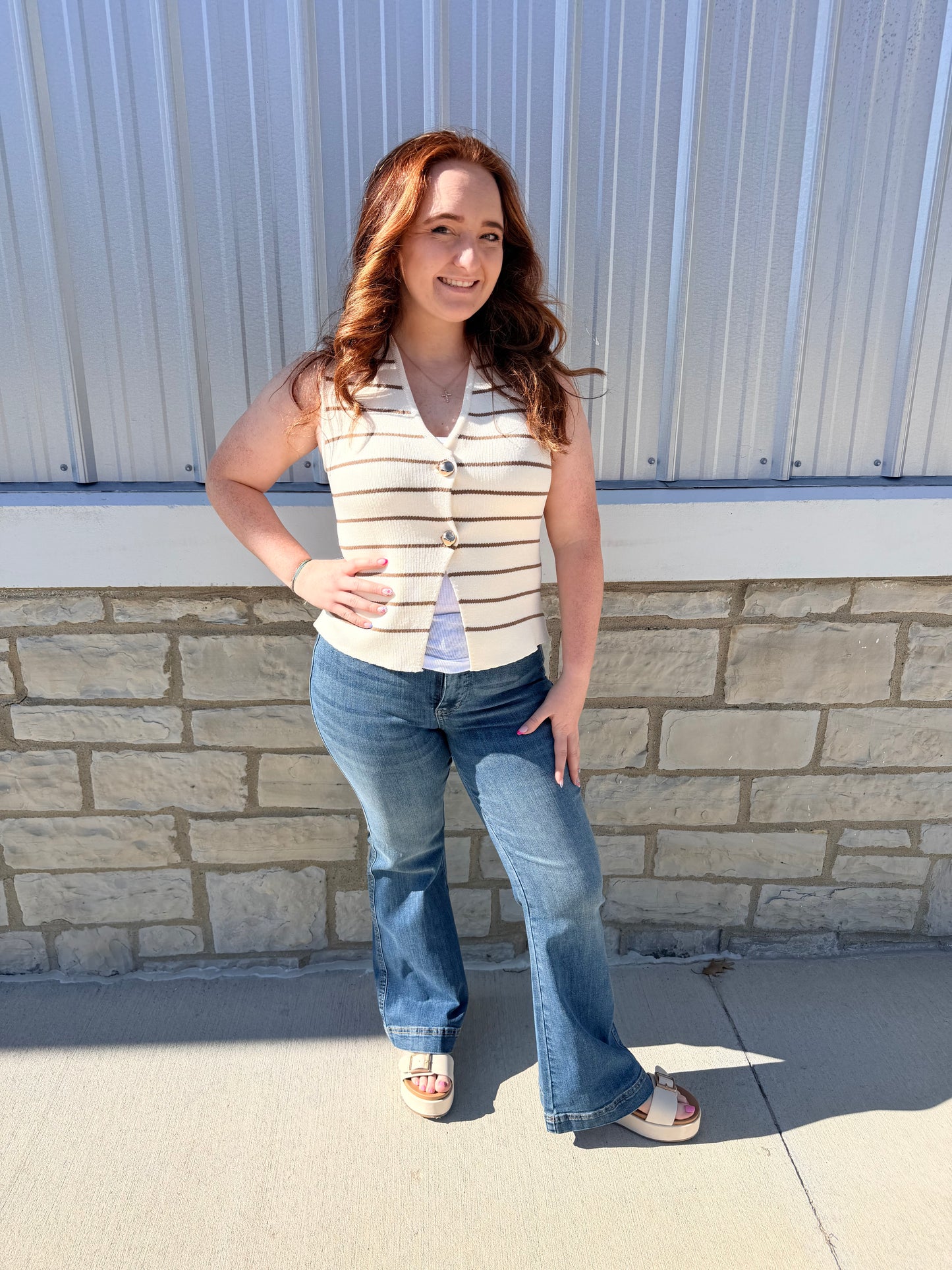 Taupe Striped Sleeveless Button Down Vest Top