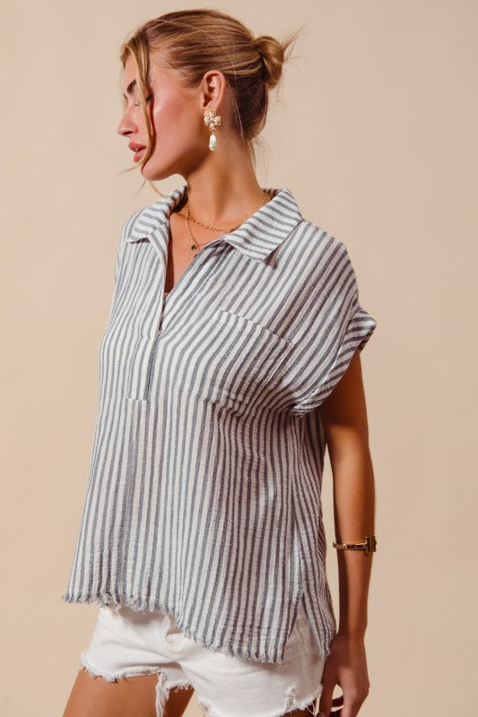 Denim Blue Stripe Cotton Top