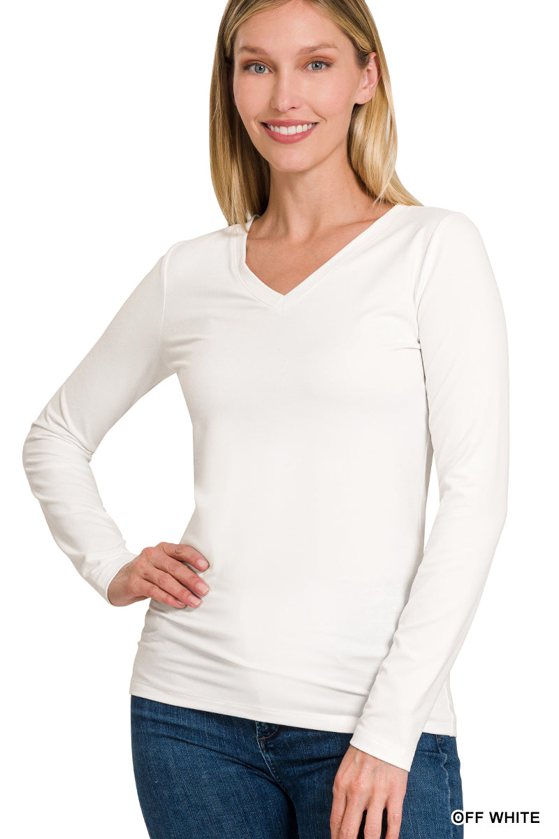 Off White Microfiber V-Neck Long Sleeve Top
