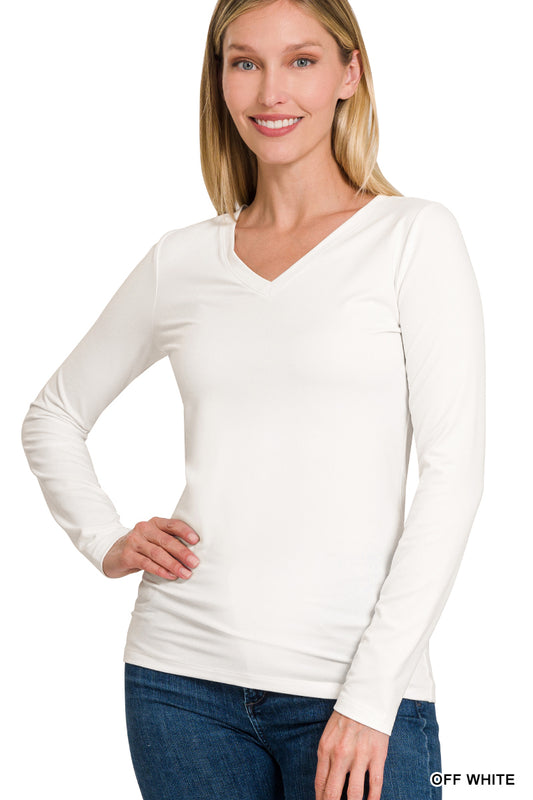 Off White Microfiber V-Neck Long Sleeve Top