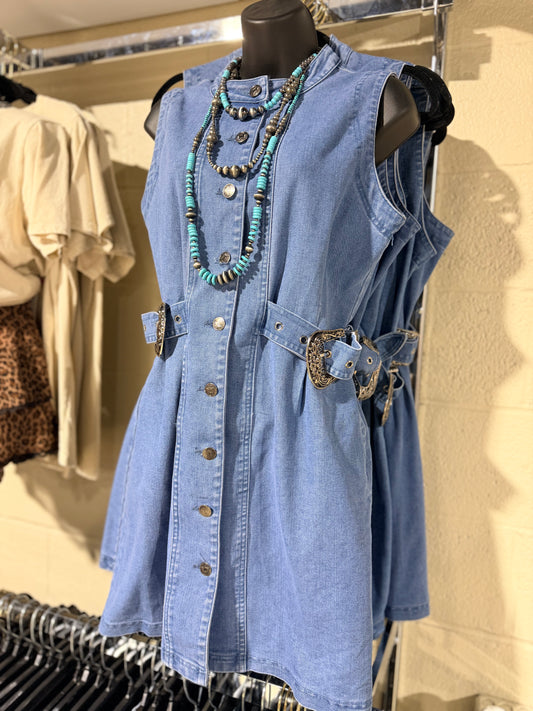 Denim Button Down Side Buckle Sleeveless Dress