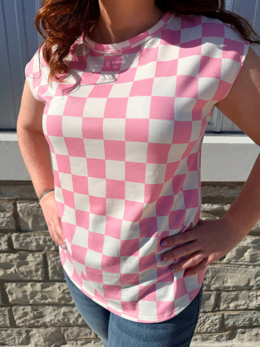 LARGE Pink Checkered Short Sleeve Top