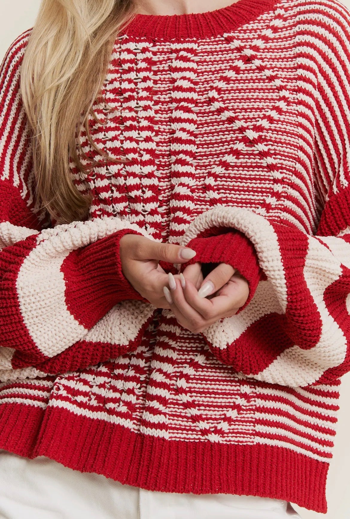 Red and White Stripe Crochet Sweater