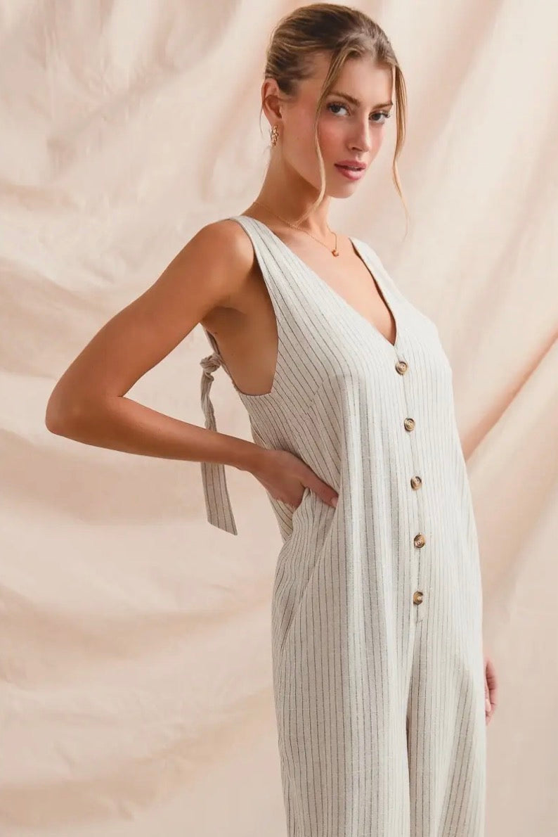 Oatmeal Stripe Linen Jumpsuit