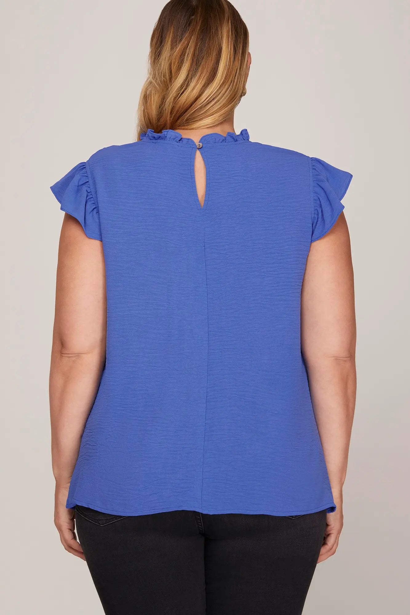 Blue Ruffle Detail Pintuck Top