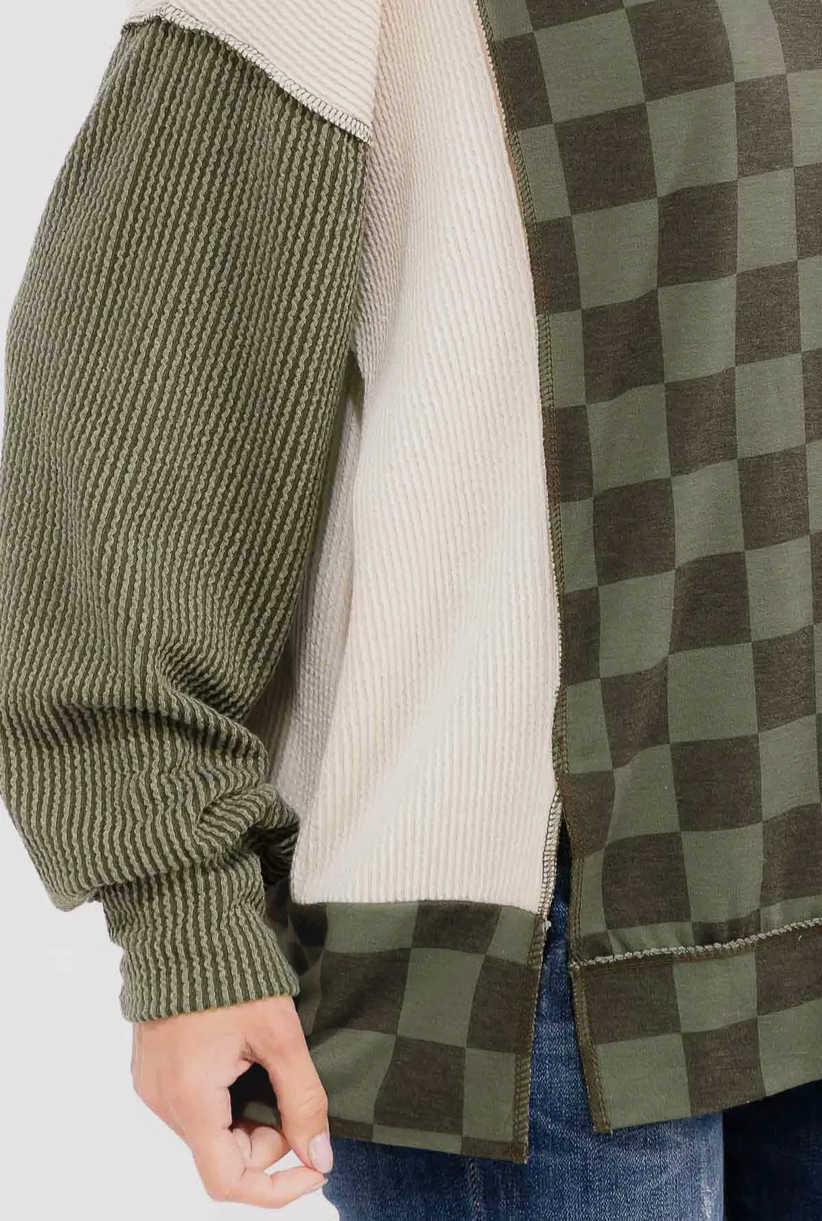Olive Checkered Ribbed Colorblock Long Sleeve Top