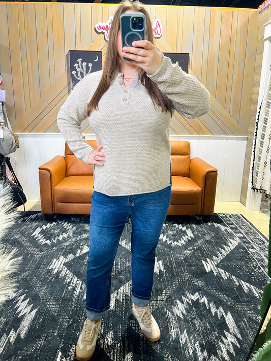 Heather Beige Button Henley Sweater