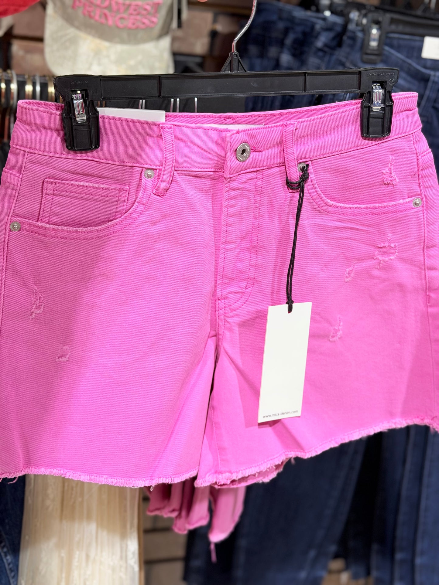 Brilliant Rose High Rise Raw Hem Denim Shorts