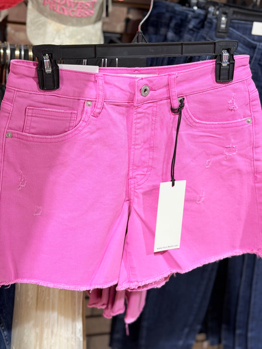 Brilliant Rose High Rise Raw Hem Denim Shorts