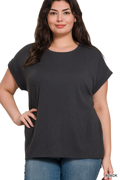 Black Cotton Modal Rolled Sleeve Top