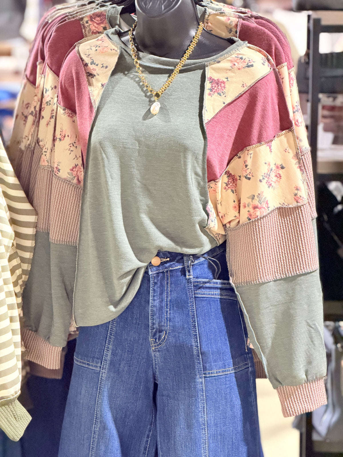 Olive Vintage Floral Patchwork Long Sleeve Top