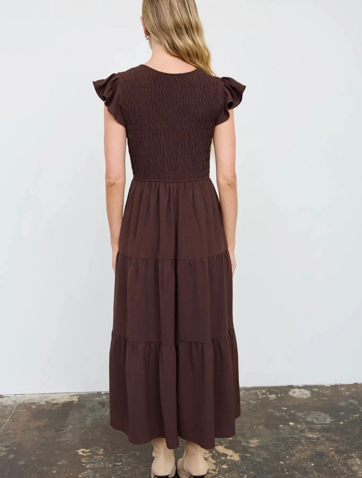 Chocolate Smocked Flutter Sleeve Midi Dress