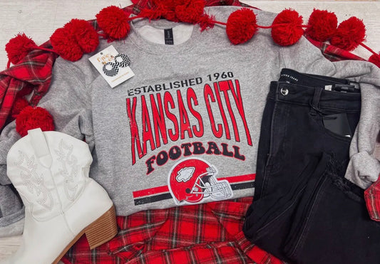Grey KC Football Stripes Crewneck Sweatshirt