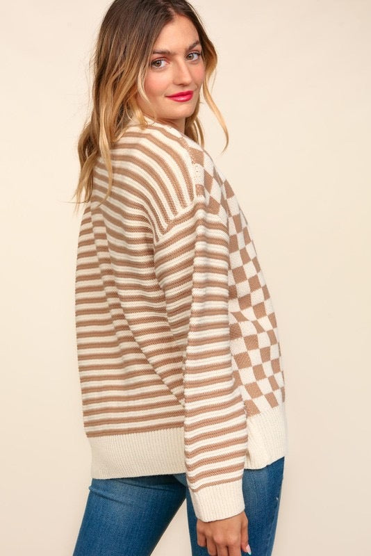 Oatmeal Checkered + Striped Cardigan