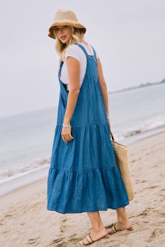 Denim Chambray Overall Tiered Dress
