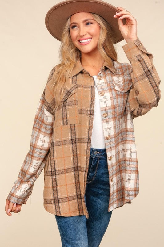 Taupe + Ivory Plaid Flannel Shacket