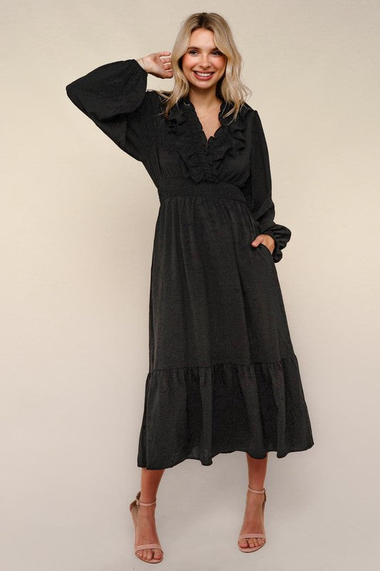 Black Ruffle V-Neck Long Sleeve Dress