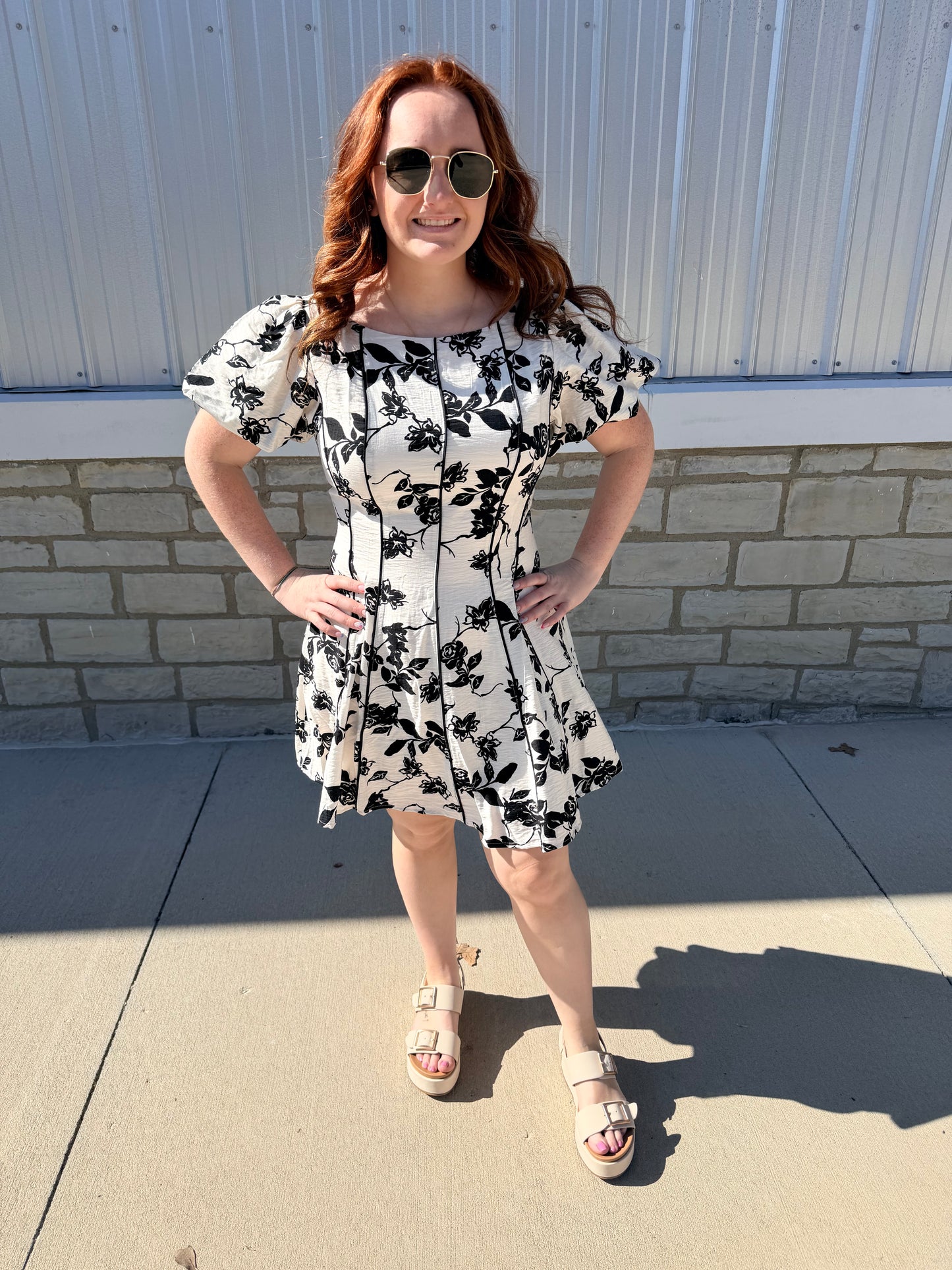Ivory & Black Floral Fit & Flare Dress