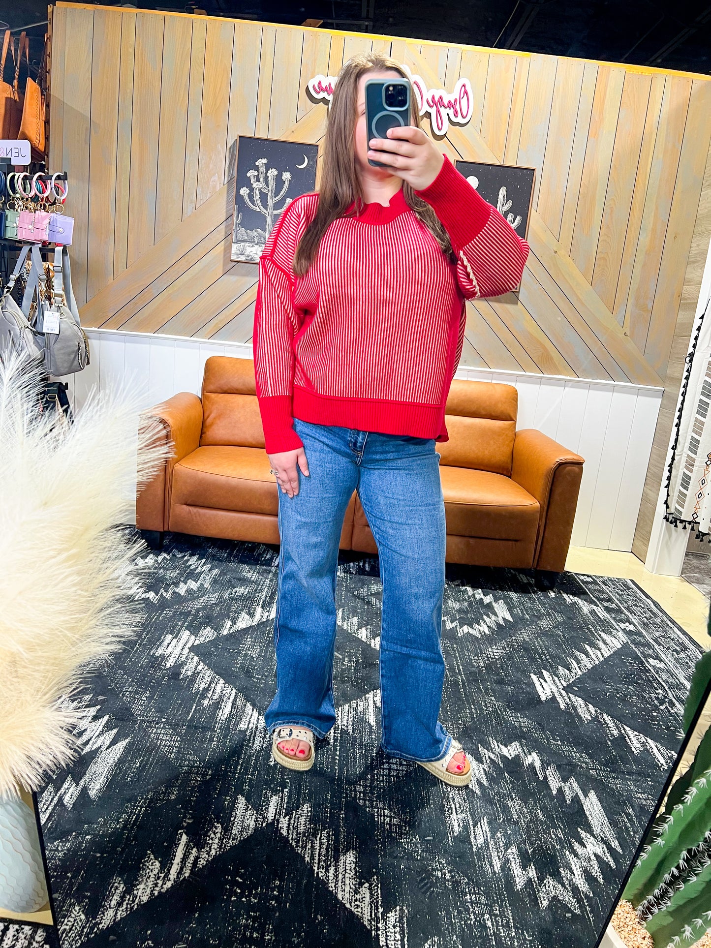 Dark Red Ribbed Two-Tone Sweater