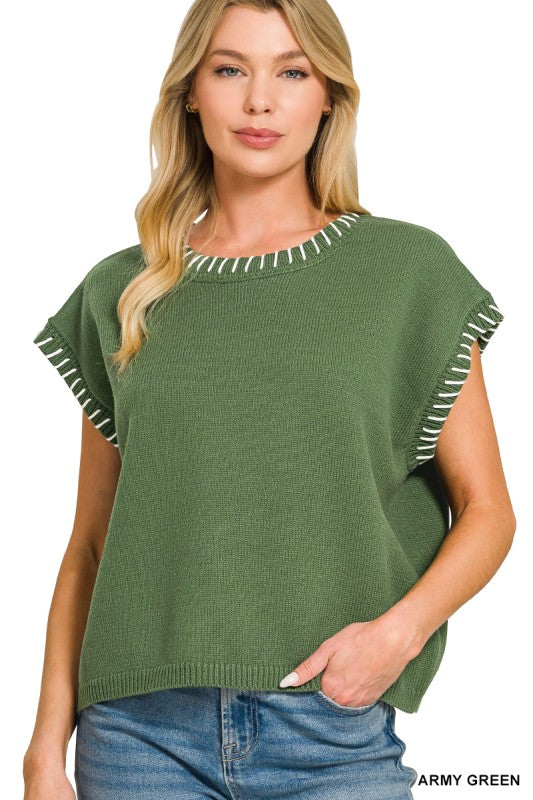 Army Green Stitched Edge Sweater Vest