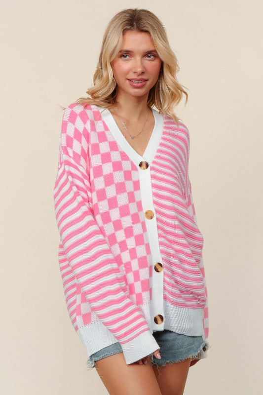 Pink Checkered + Stripes Button Cardigan