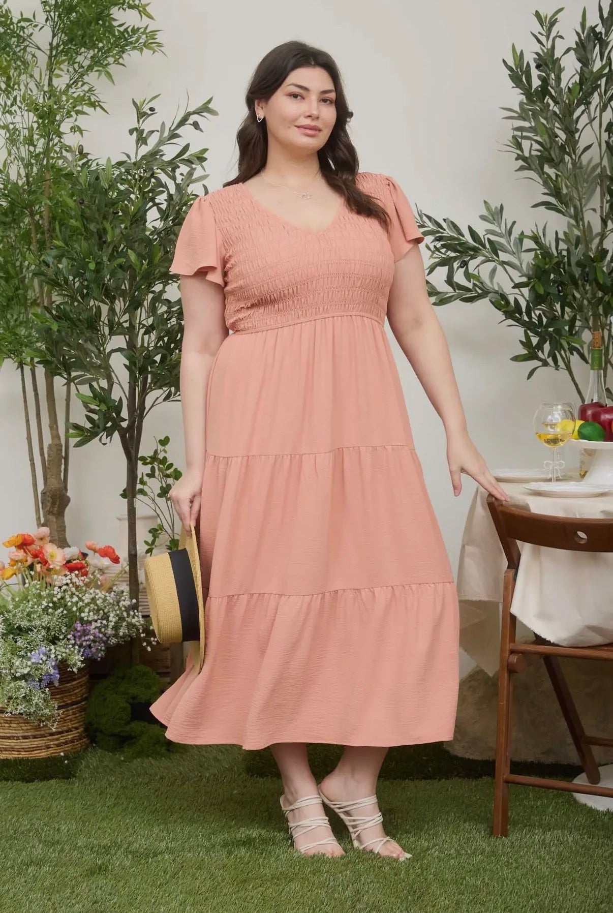 2XL Peach Smocked Flutter Sleeve Midi Dress