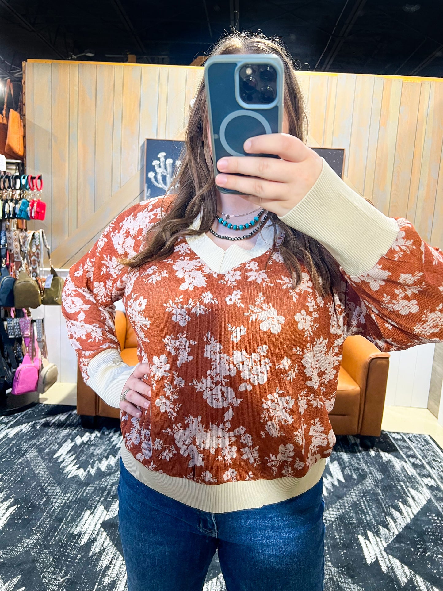 Rust Floral Relaxed Knit Top