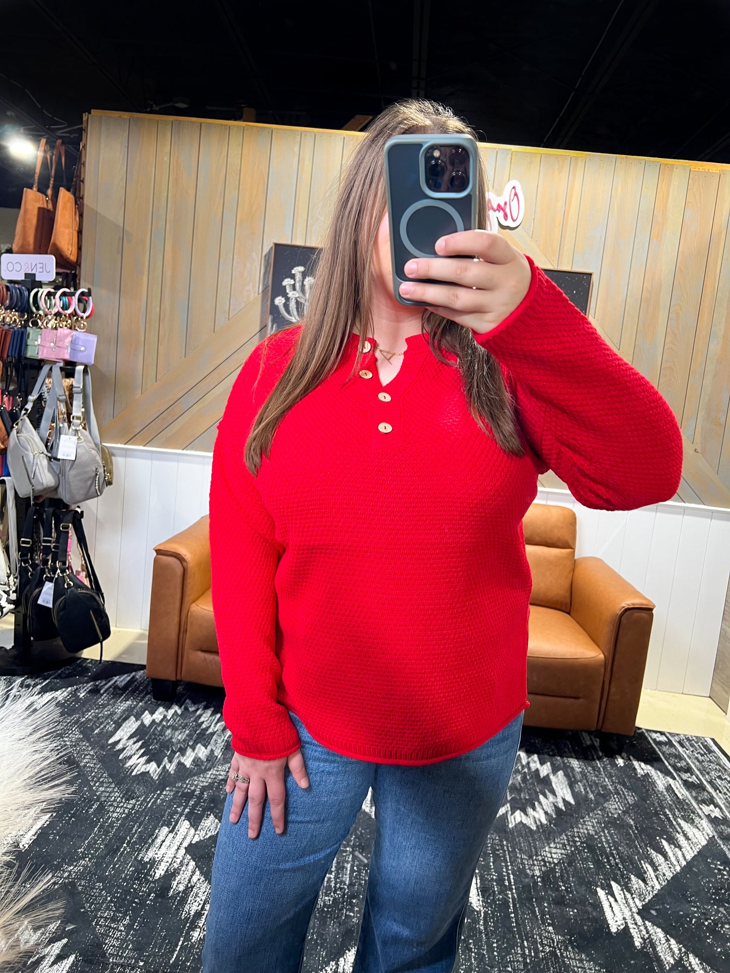 Ruby Red Button Henley Sweater