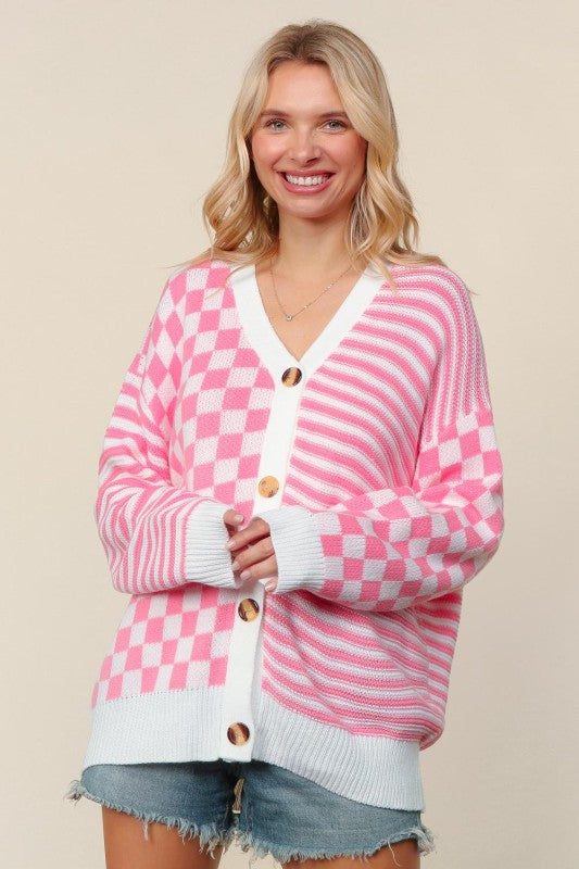 Pink Checkered + Stripes Button Cardigan