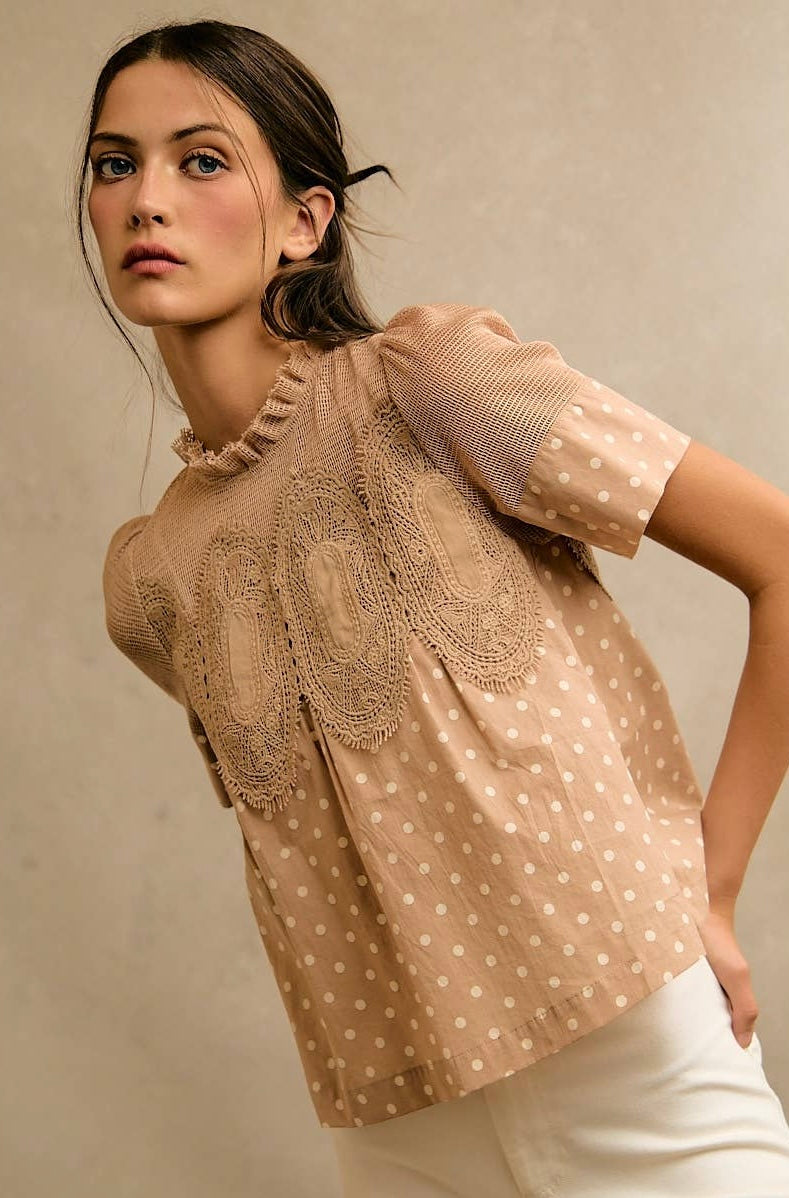 Beige Polka Dot Lace Trim Top