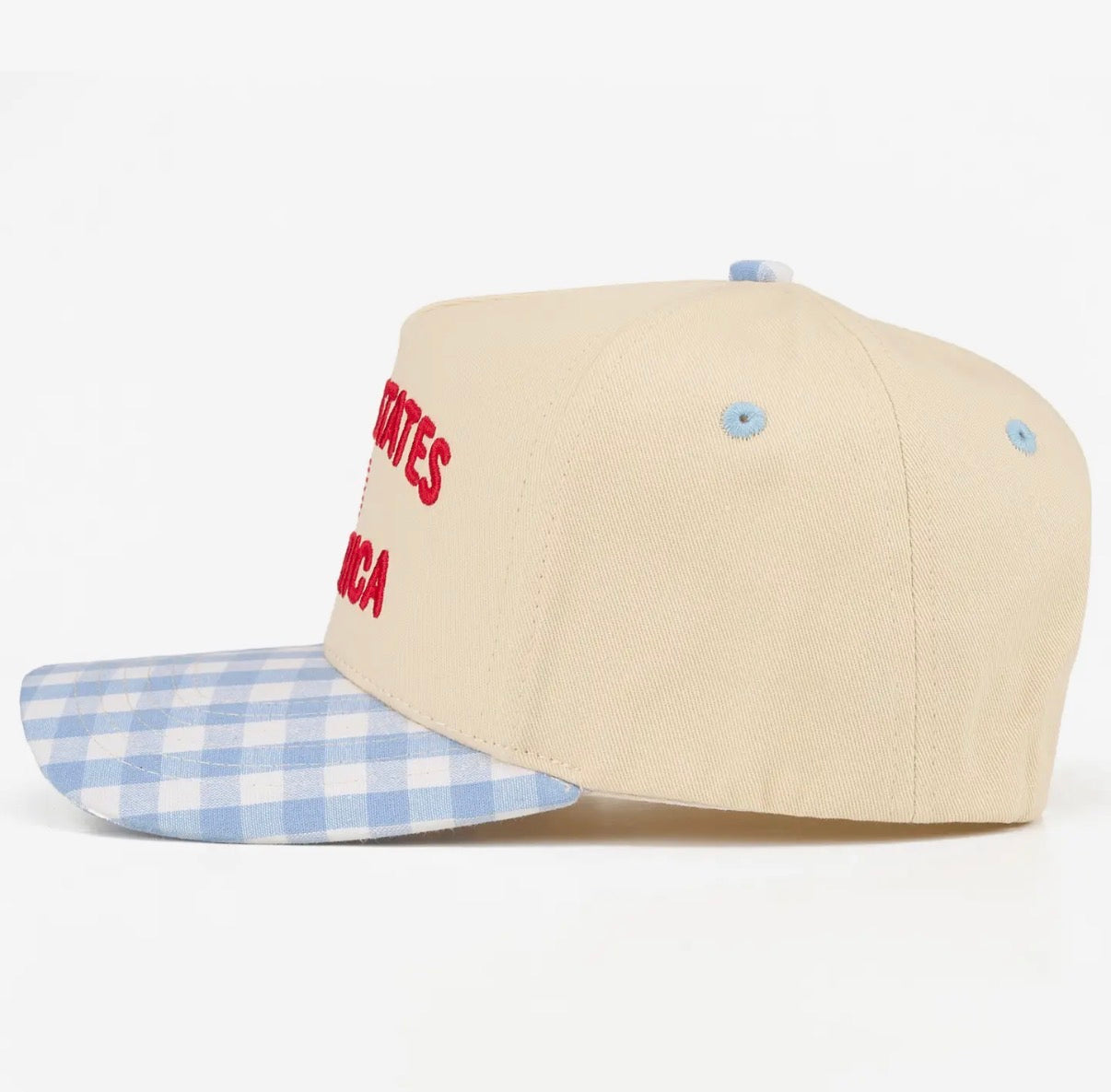USA Flag Blue Gingham Embroidered Trucker Hat