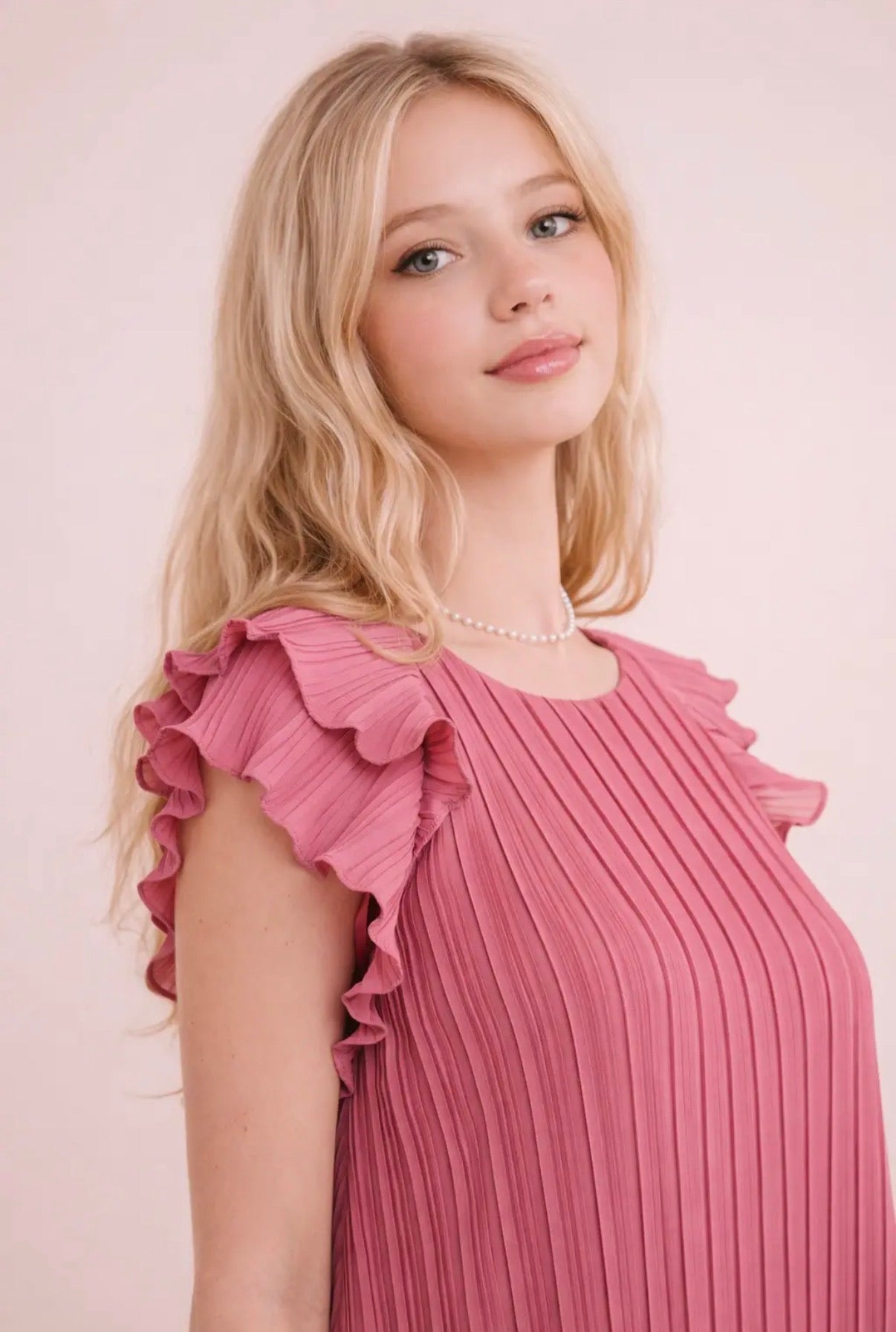 Rose Pleated Ruffle Sleeve Dress