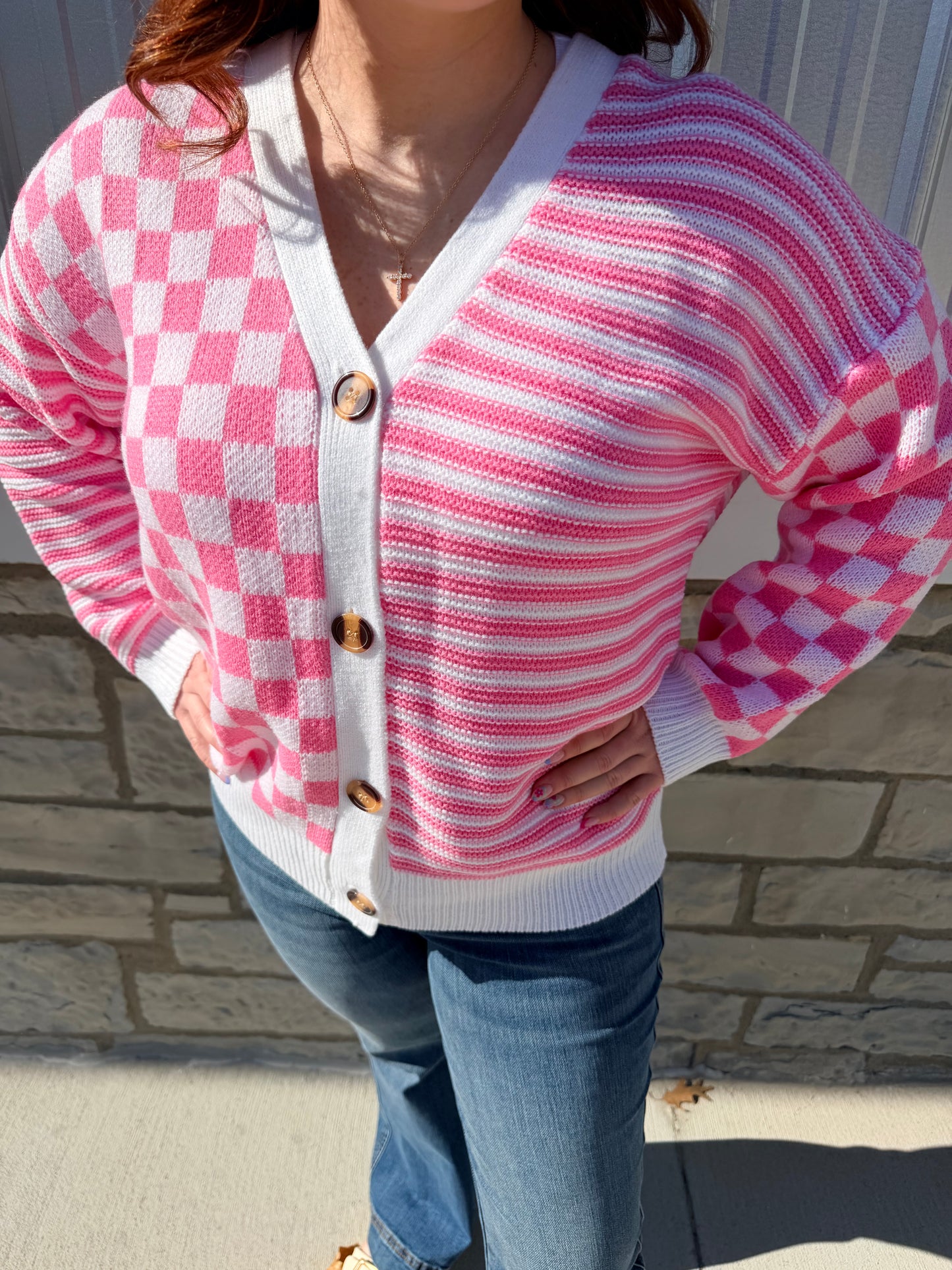 Pink Checkered + Stripes Button Cardigan
