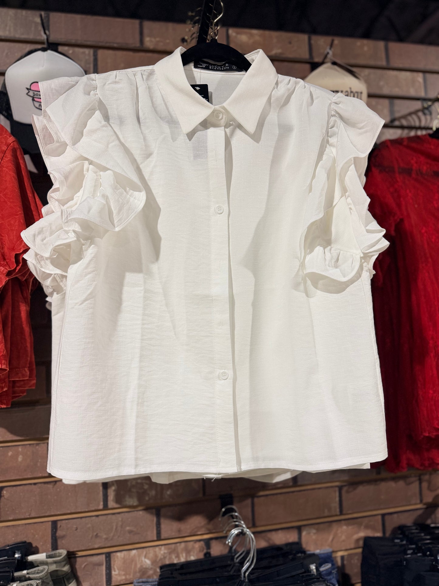 White Ruffle Sleeve Button Down Top