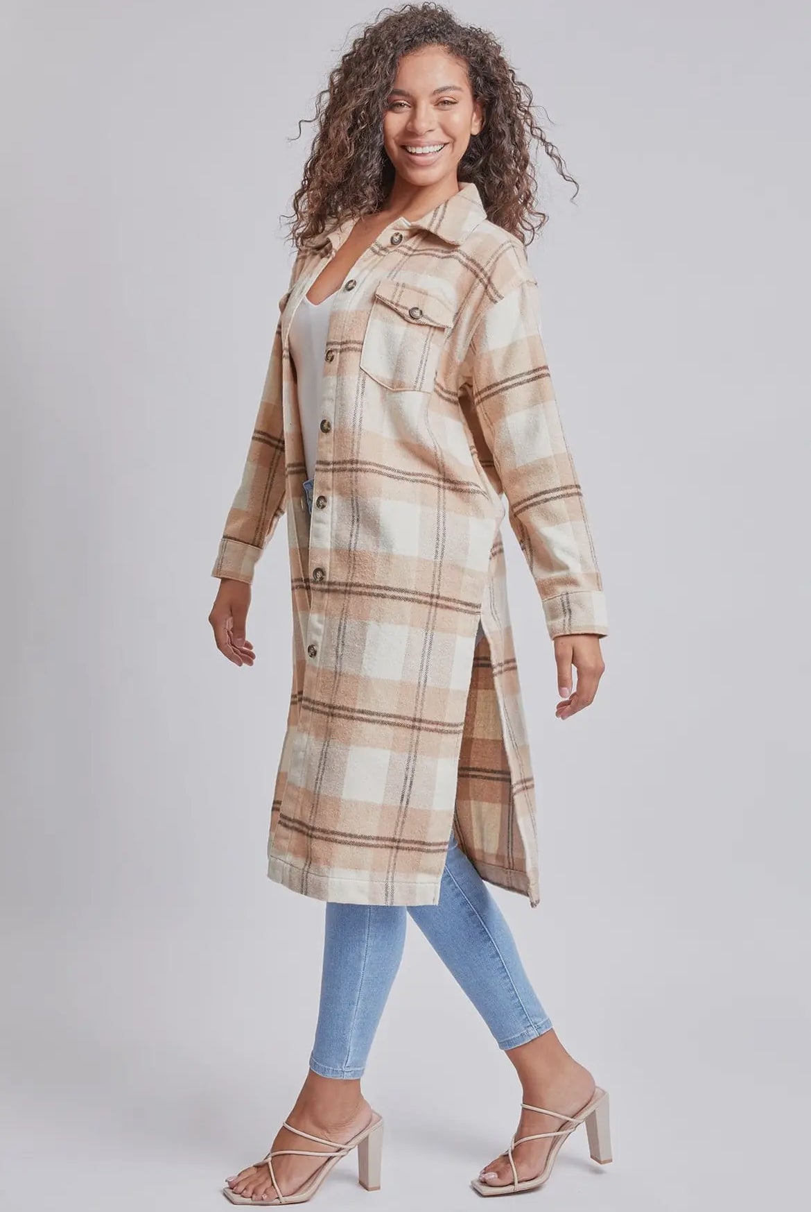 Tan Plaid Long Shacket